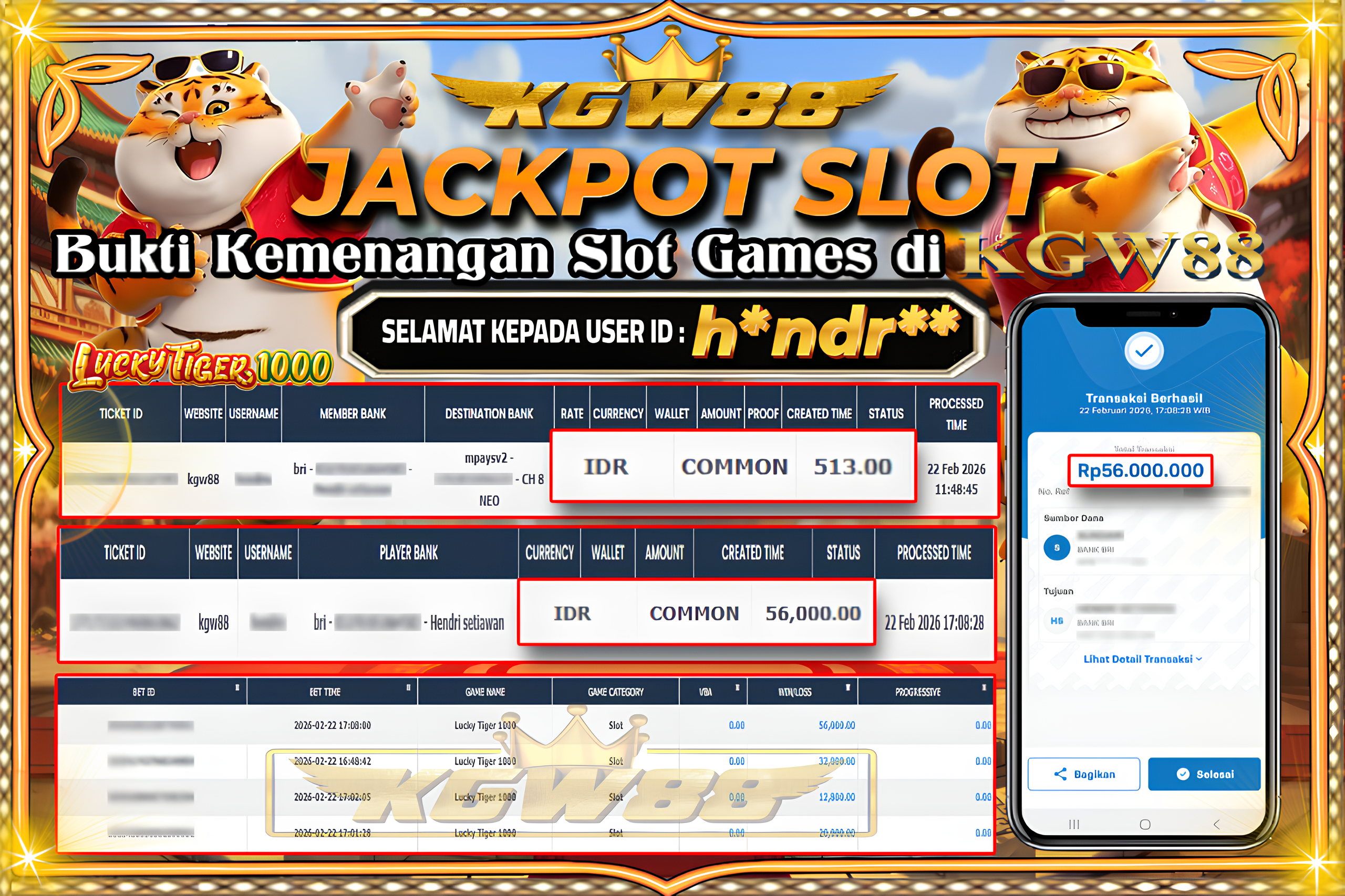 KGW88 JACKPOT LUCKY TIGER 1000 Rp 56.000.000,- LUNAS